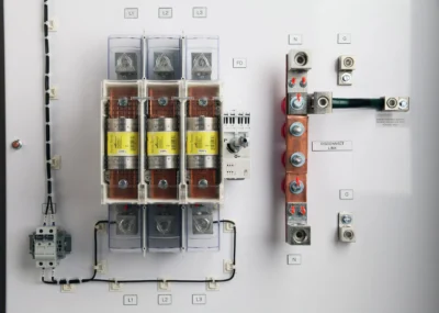 Heavy-duty industrial safety switch mounted inside a factory distribution cabinet